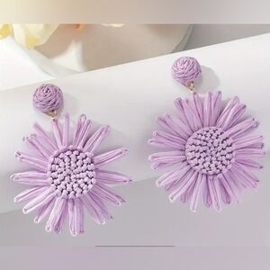 Handcrafted Raffia Floral Earrings Light Purple NEW
